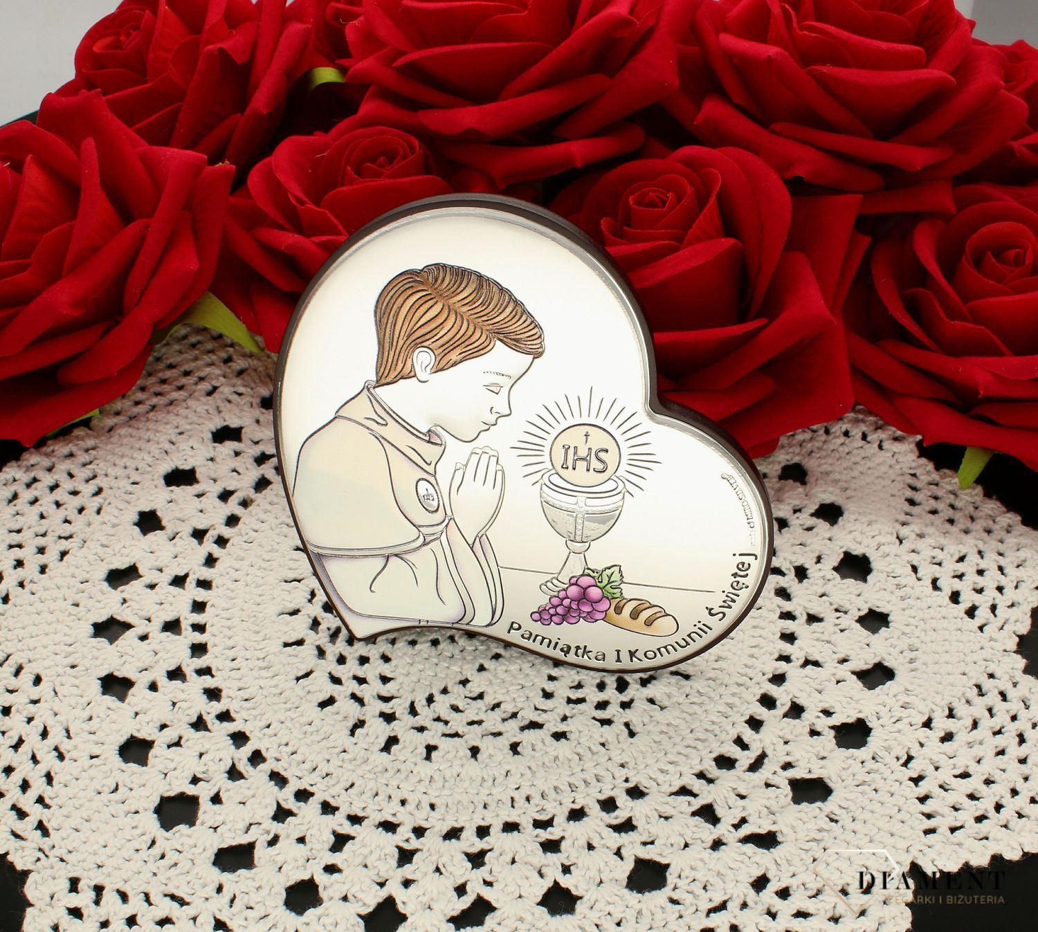 Obrazek srebrny Pierwsza Komunia Święta dla chłopca kolorowy 6747.2 COL. Prezent na komunie dla chłopca. Pamiątka I komunii świętej. Obrazek na rocznicę komuni. Obrazek srebrny z grawerem dla chłopca.jpg